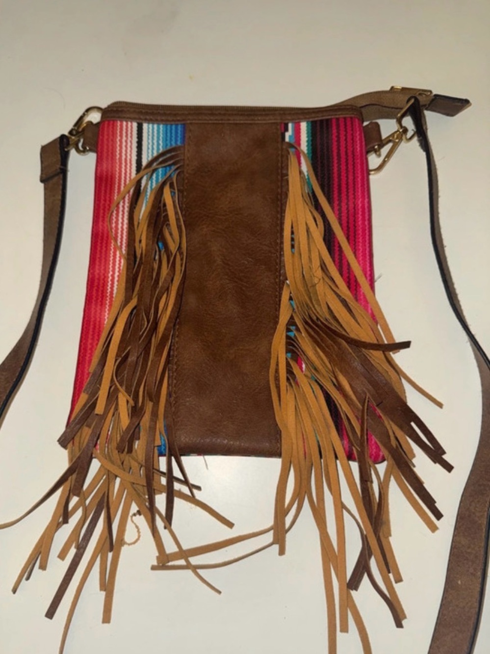 Fringed Boho Crossbody Bag - Brown with Multicolor Stripe Panels